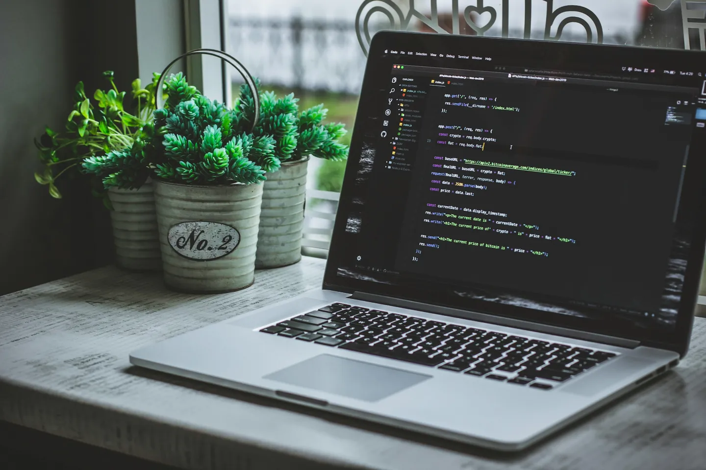 Ein aufgeklappter Laptop mit Programmcode auf einem Tisch am Fenster, daneben Pflanzen